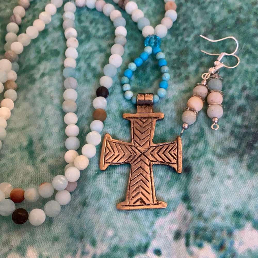Amazonite necklace and earrings set w/cross